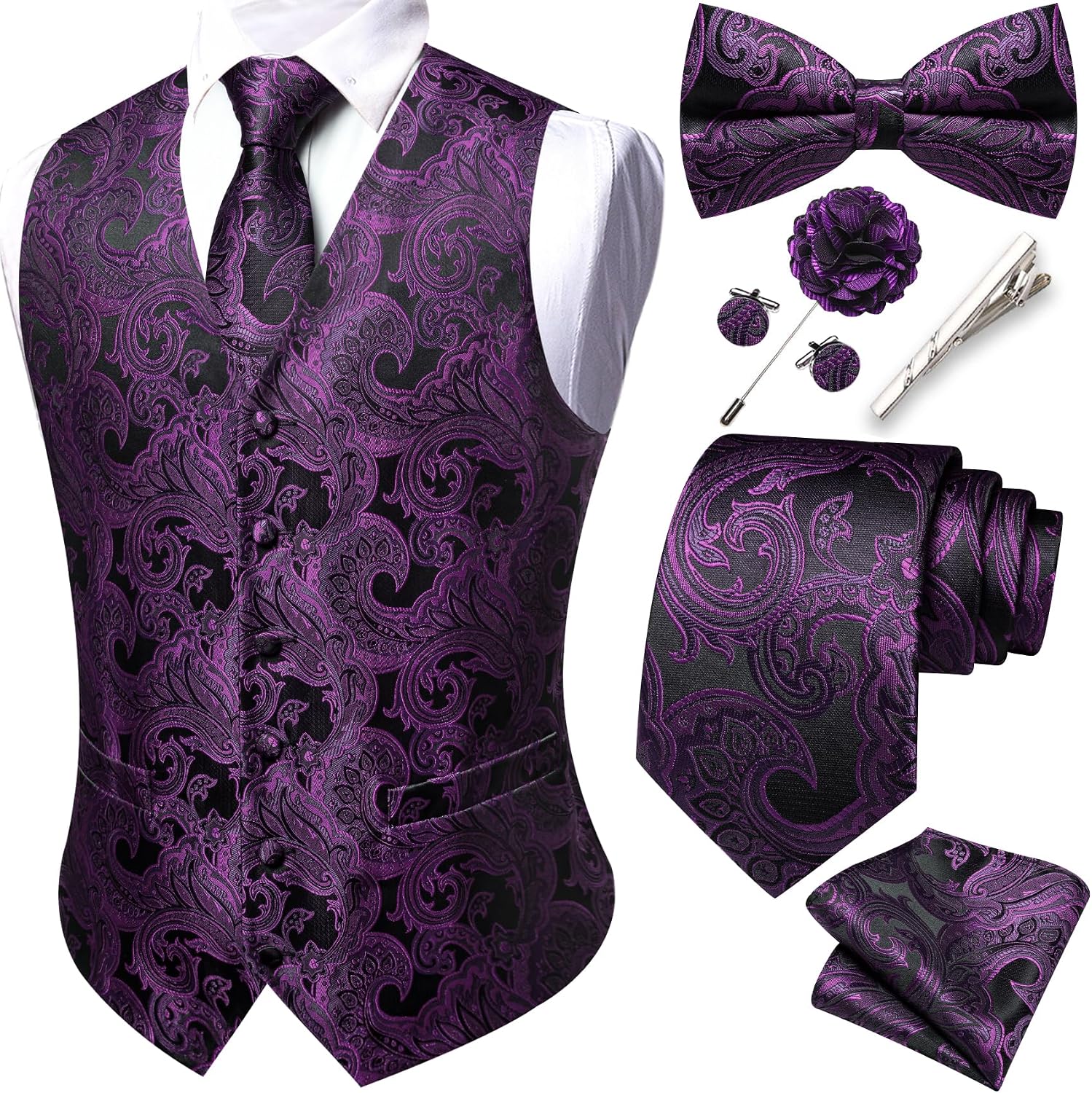 Men's Eight-Piece Suit Vest Set - Jacquard Waistcoat with Tie, Bow Tie, Cufflinks and Lapel Pin - Medium