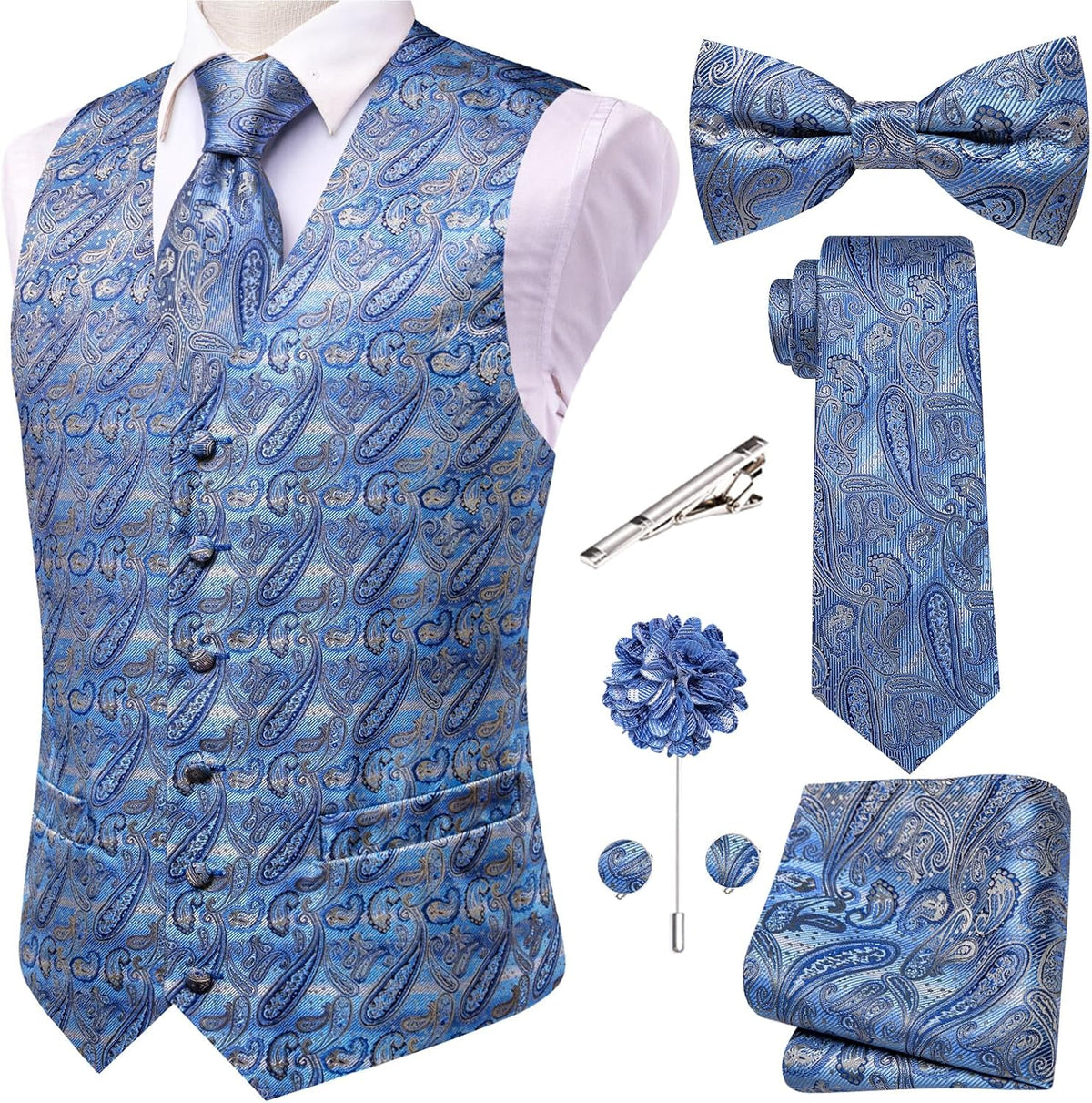 Men's Silk Jacquard Suit Vest Set - Five-Piece Slim Fit Waistcoat, Tie and Bow Tie for Weddings - Large