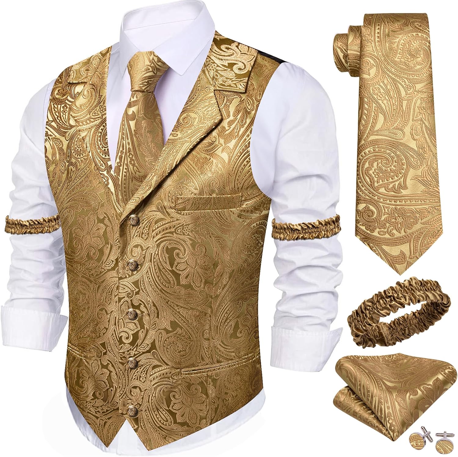 Men's Silk Paisley Suit Vest Set - Five-Piece Shawl Collar Waistcoat with Tie, Handkerchief and Cufflinks - Medium