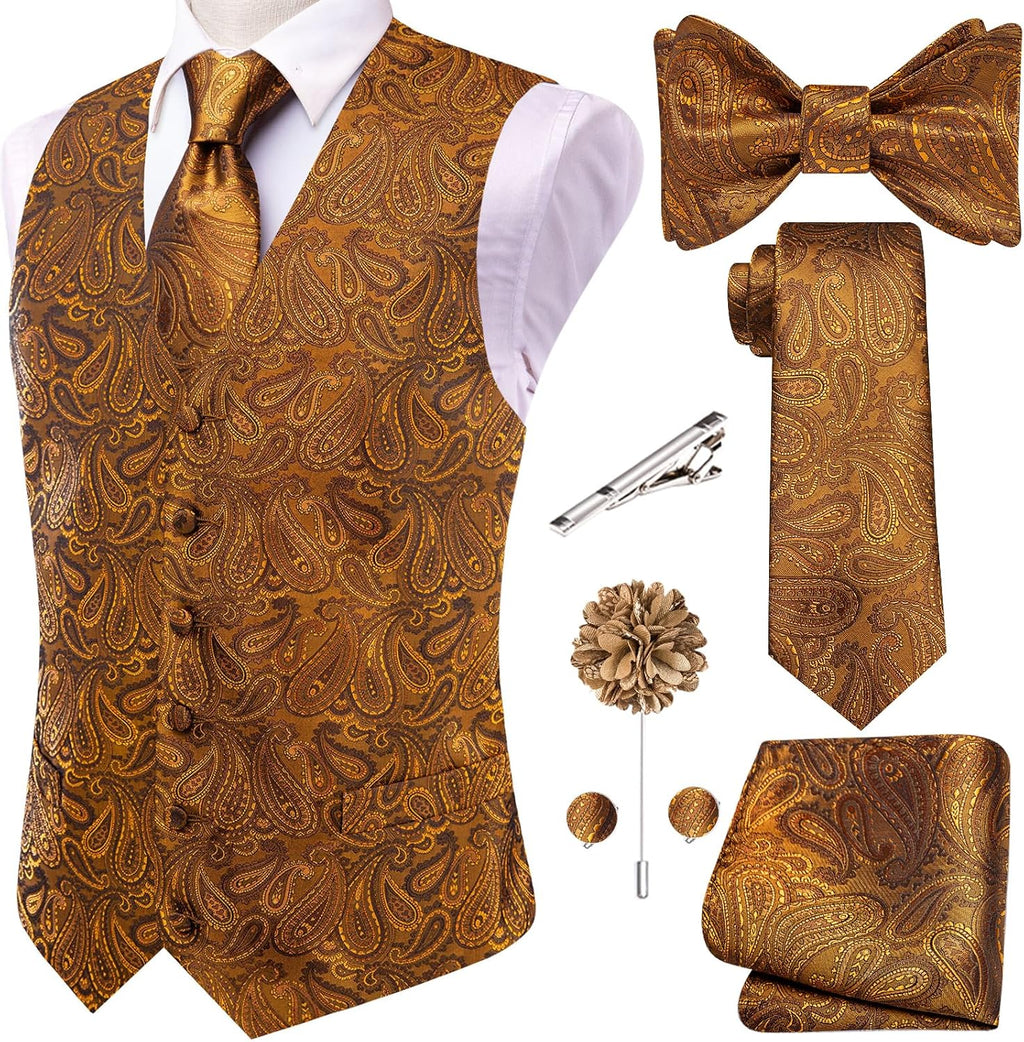 Men's Silk Jacquard Suit Vest Set - Five-Piece Slim Fit Waistcoat, Tie and Bow Tie for Weddings - XX-Large