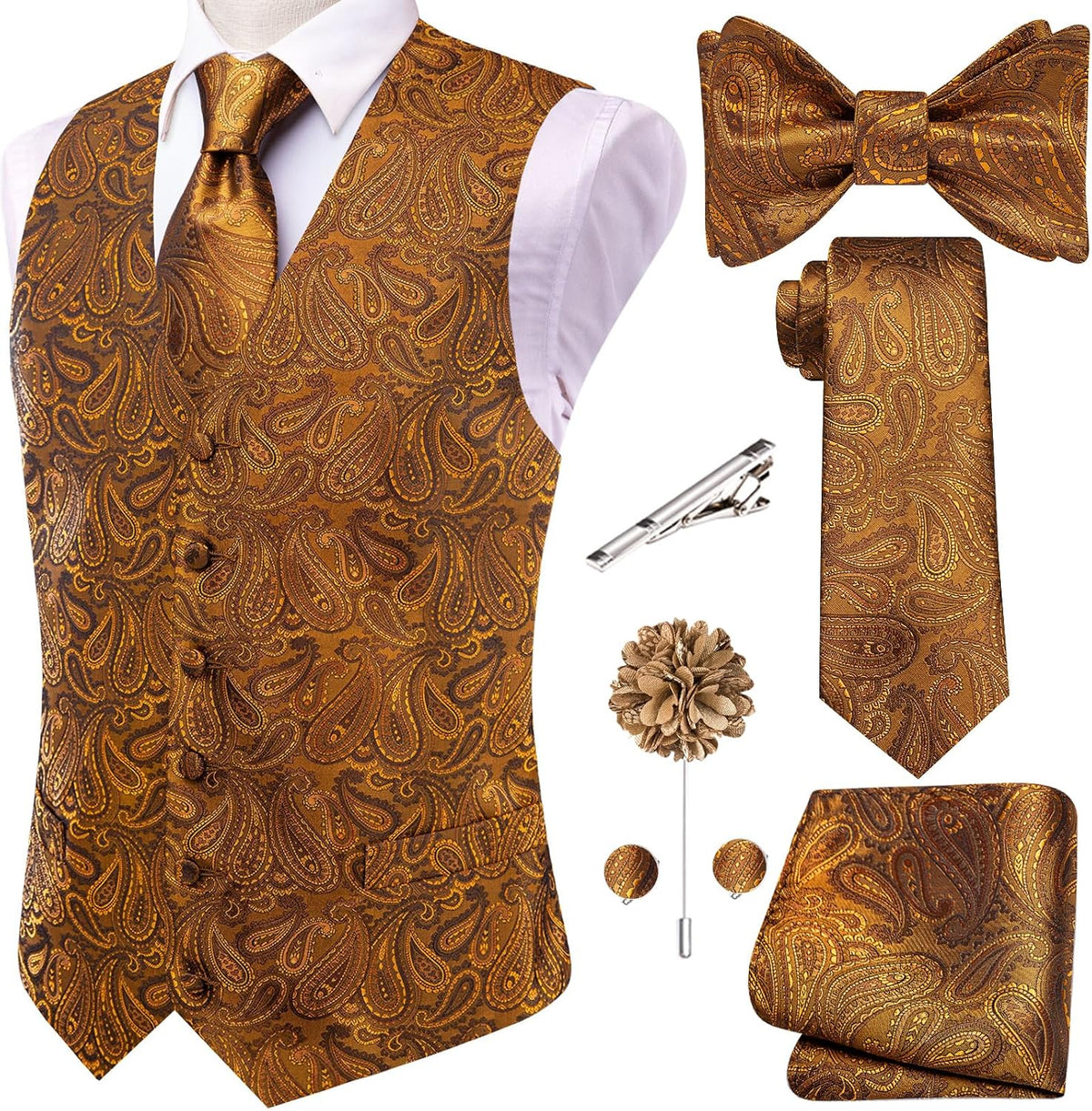 Men's Silk Jacquard Suit Vest Set - Five-Piece Slim Fit Waistcoat, Tie and Bow Tie for Weddings - XX-Large