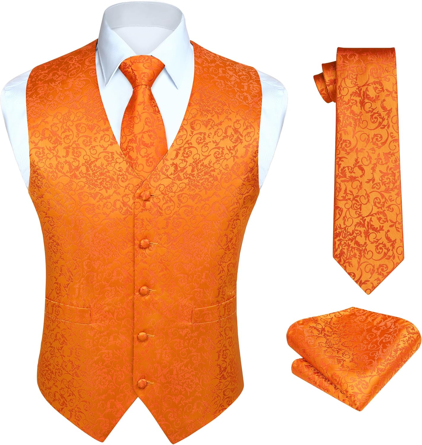 Men's Three-Piece Vest and Tie Set - Paisley Jacquard Waistcoat with Necktie and Pocket Square - Large