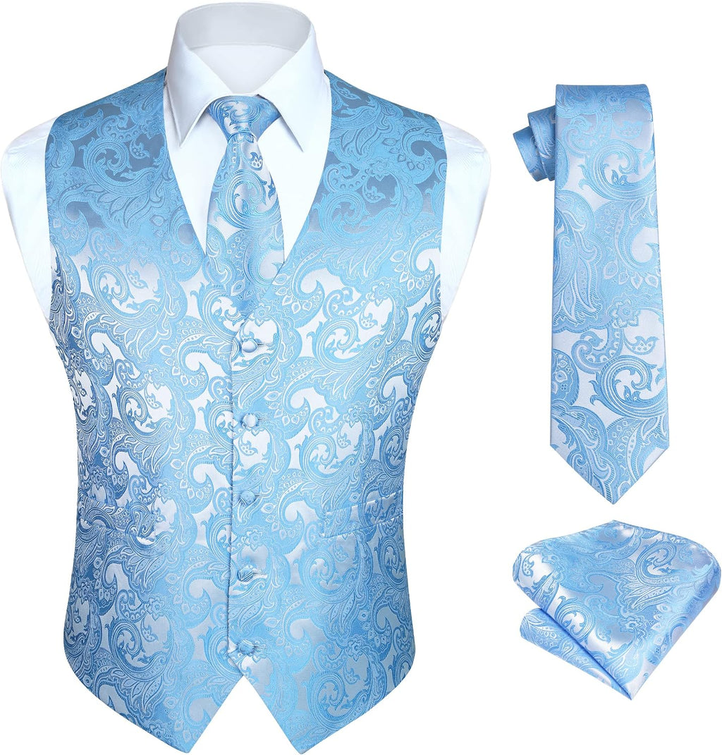 Men's Three-Piece Vest and Tie Set - Paisley Jacquard Waistcoat with Necktie and Pocket Square - Small