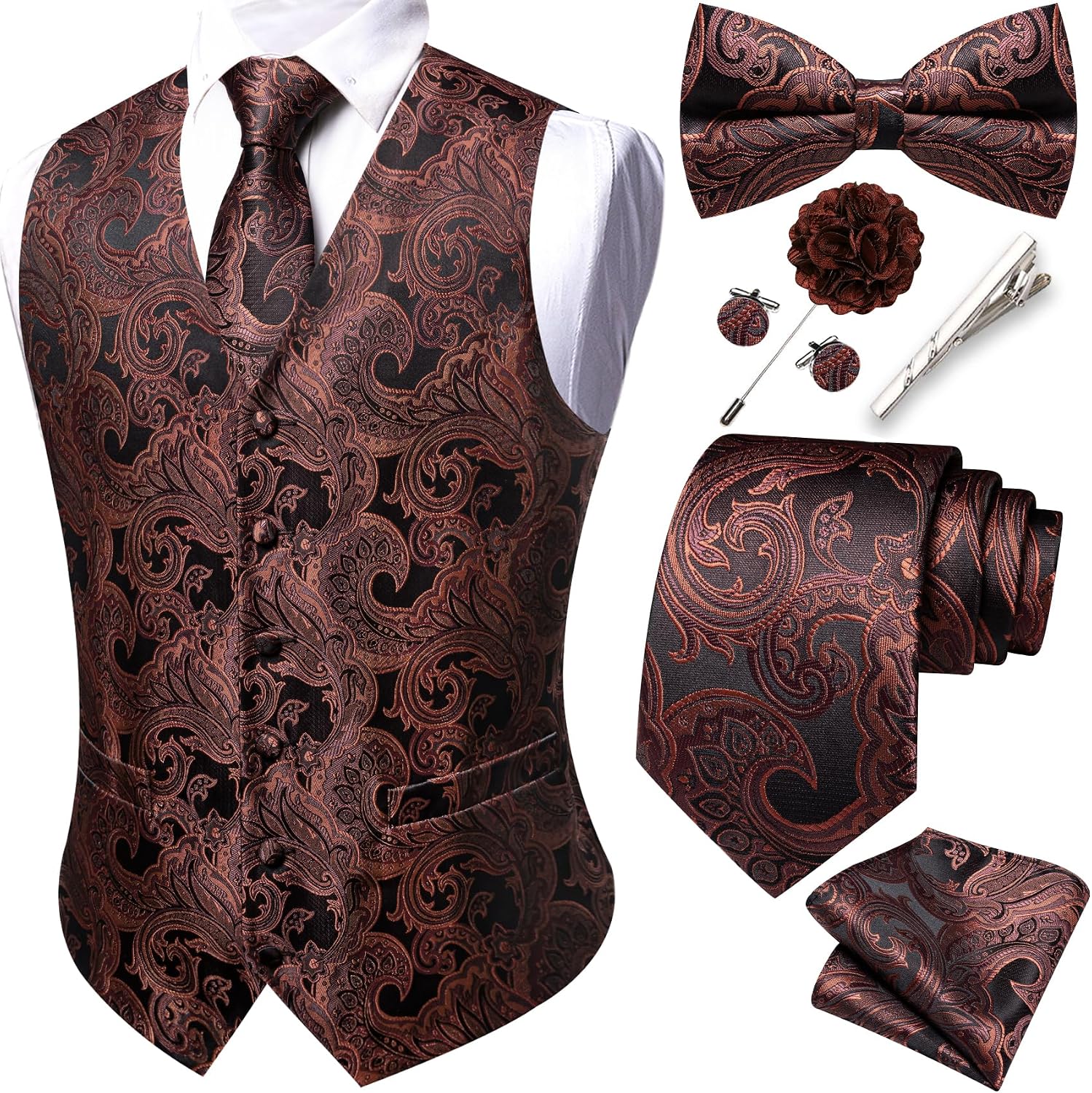 Men's Eight-Piece Suit Vest Set - Jacquard Waistcoat with Tie, Bow Tie, Cufflinks and Lapel Pin - Small