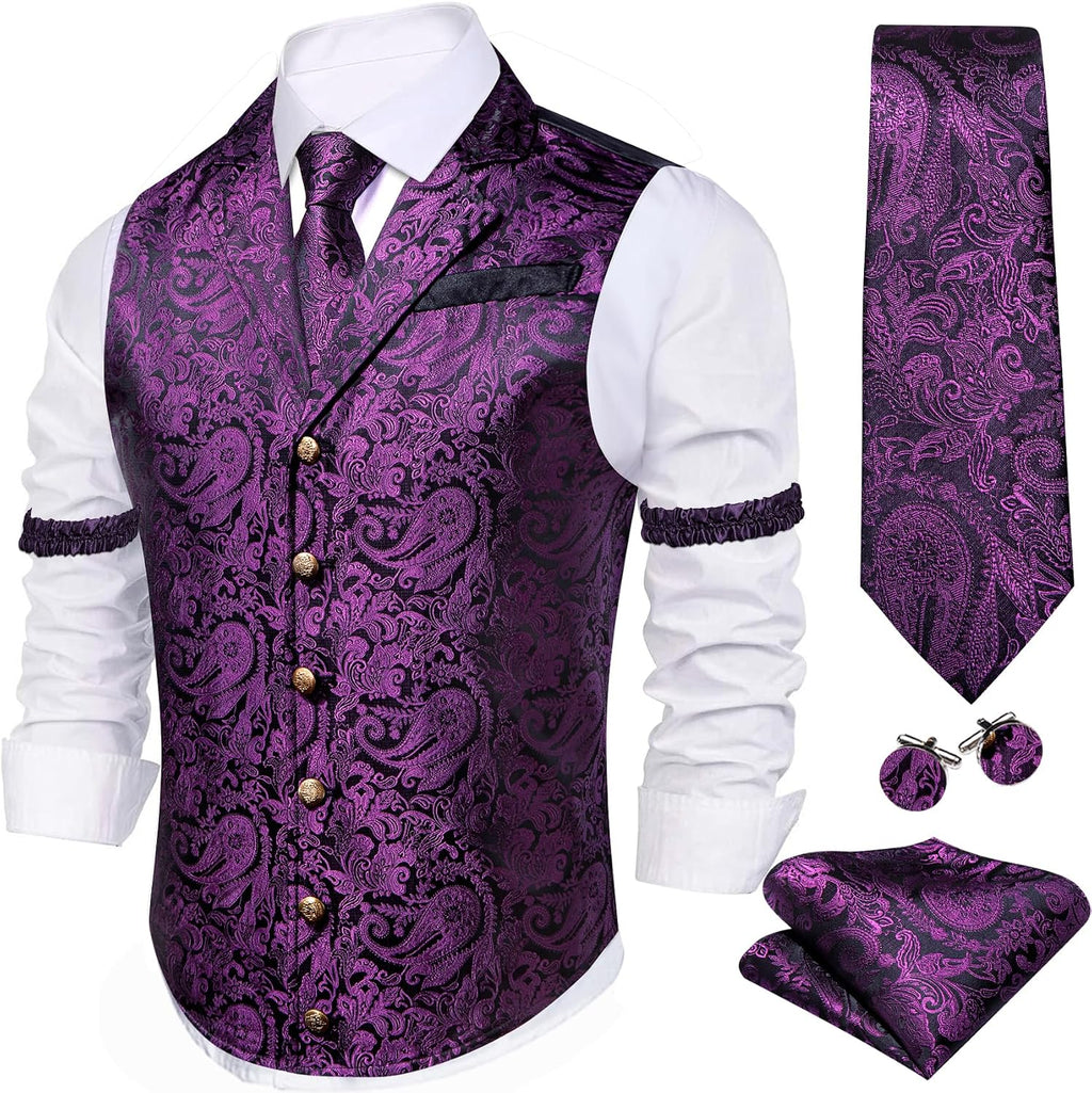 Men's Silk Paisley Suit Vest Set - Five-Piece Shawl Collar Waistcoat with Tie, Handkerchief and Cufflinks - Large (25)