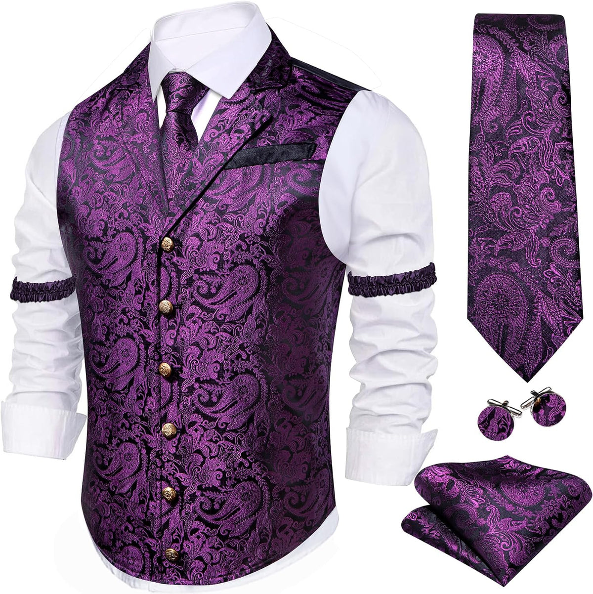 Men's Silk Paisley Suit Vest Set - Five-Piece Shawl Collar Waistcoat with Tie, Handkerchief and Cufflinks - Large (25)