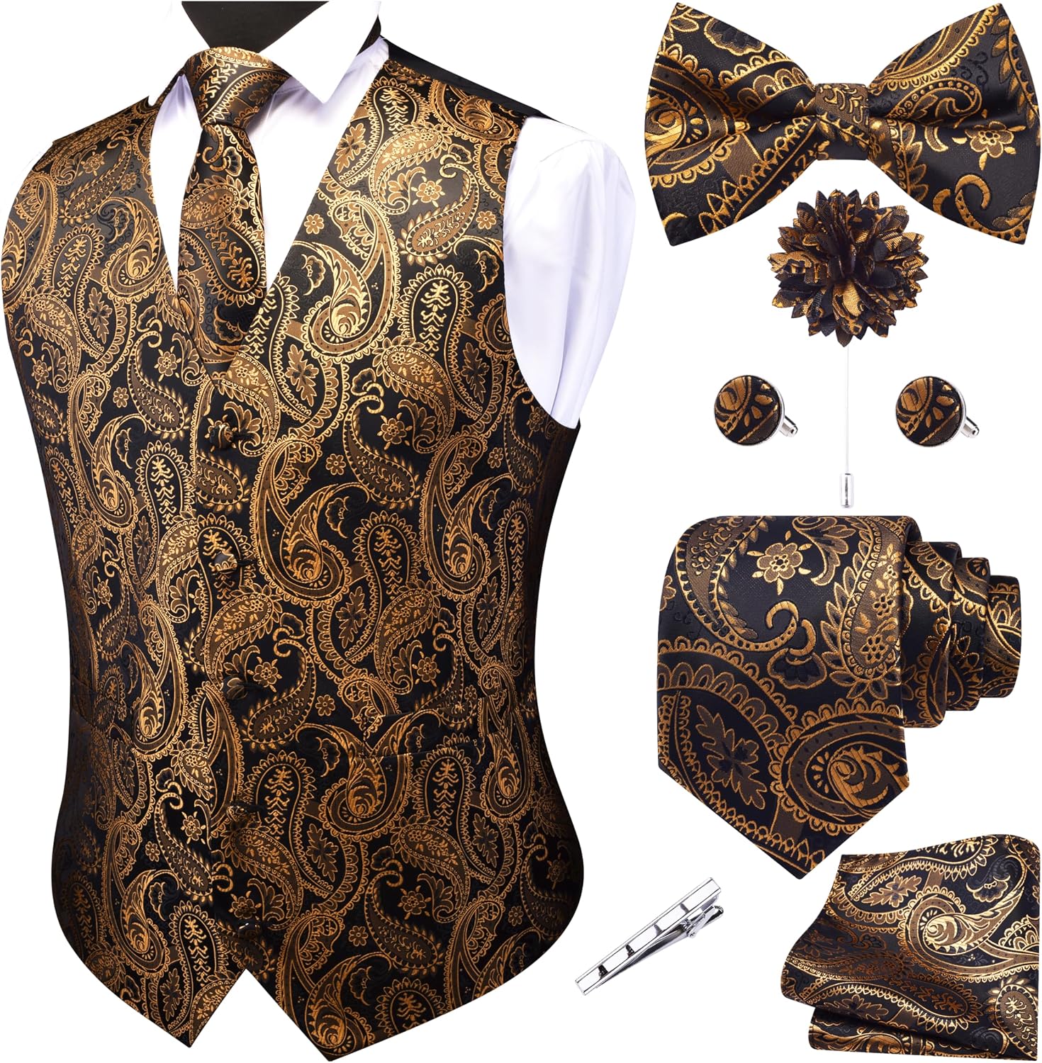Men's Seven-Piece Suit Vest Set - Paisley Jacquard V-Neck Waistcoat with Tie, Bow Tie and Hanky - Medium
