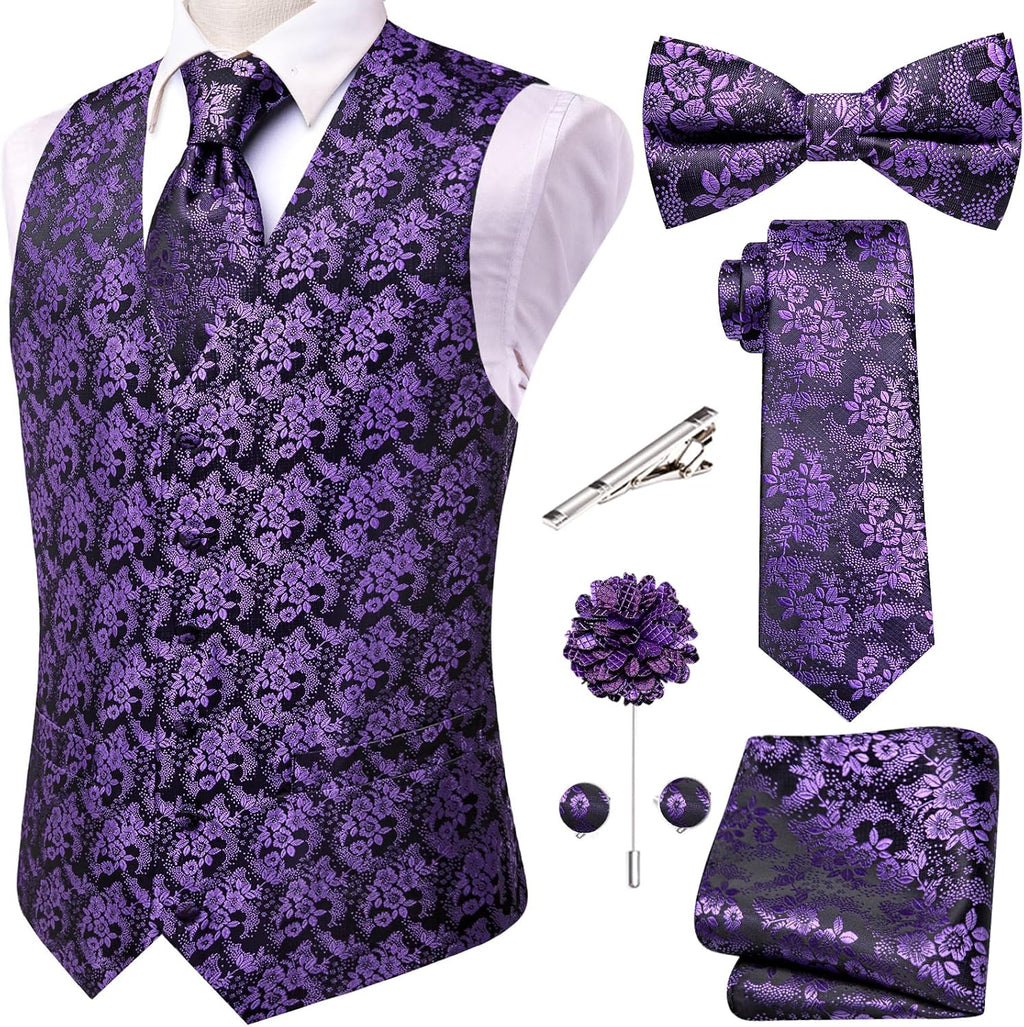 Men's Silk Jacquard Suit Vest Set - Five-Piece Slim Fit Waistcoat, Tie and Bow Tie for Weddings - Large (29)