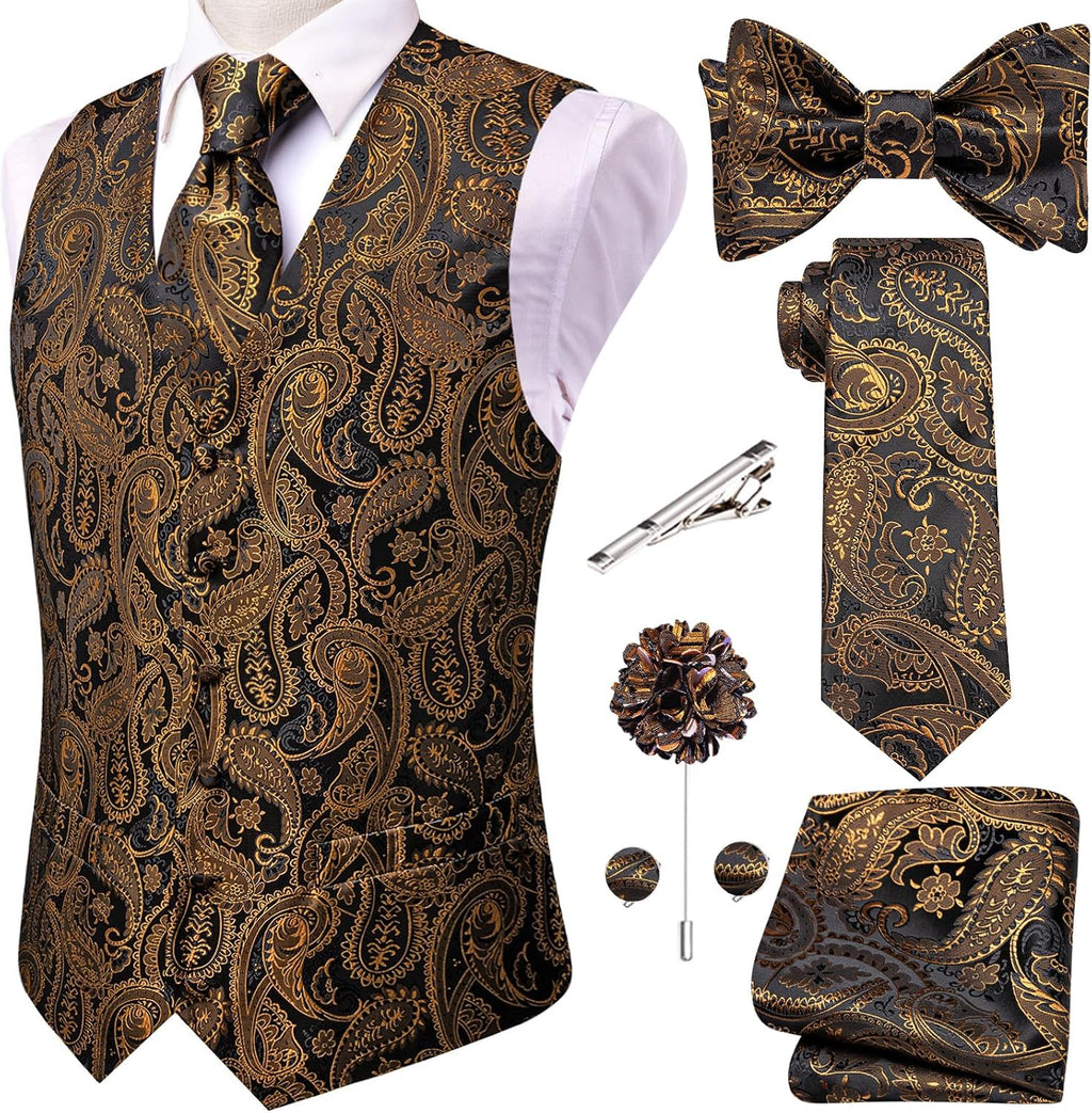 Men's Silk Jacquard Suit Vest Set - Five-Piece Slim Fit Waistcoat, Tie and Bow Tie for Weddings - XX-Large