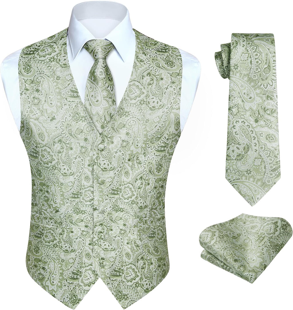 Men's Three-Piece Vest and Tie Set - Paisley Jacquard Waistcoat with Necktie and Pocket Square - Medium