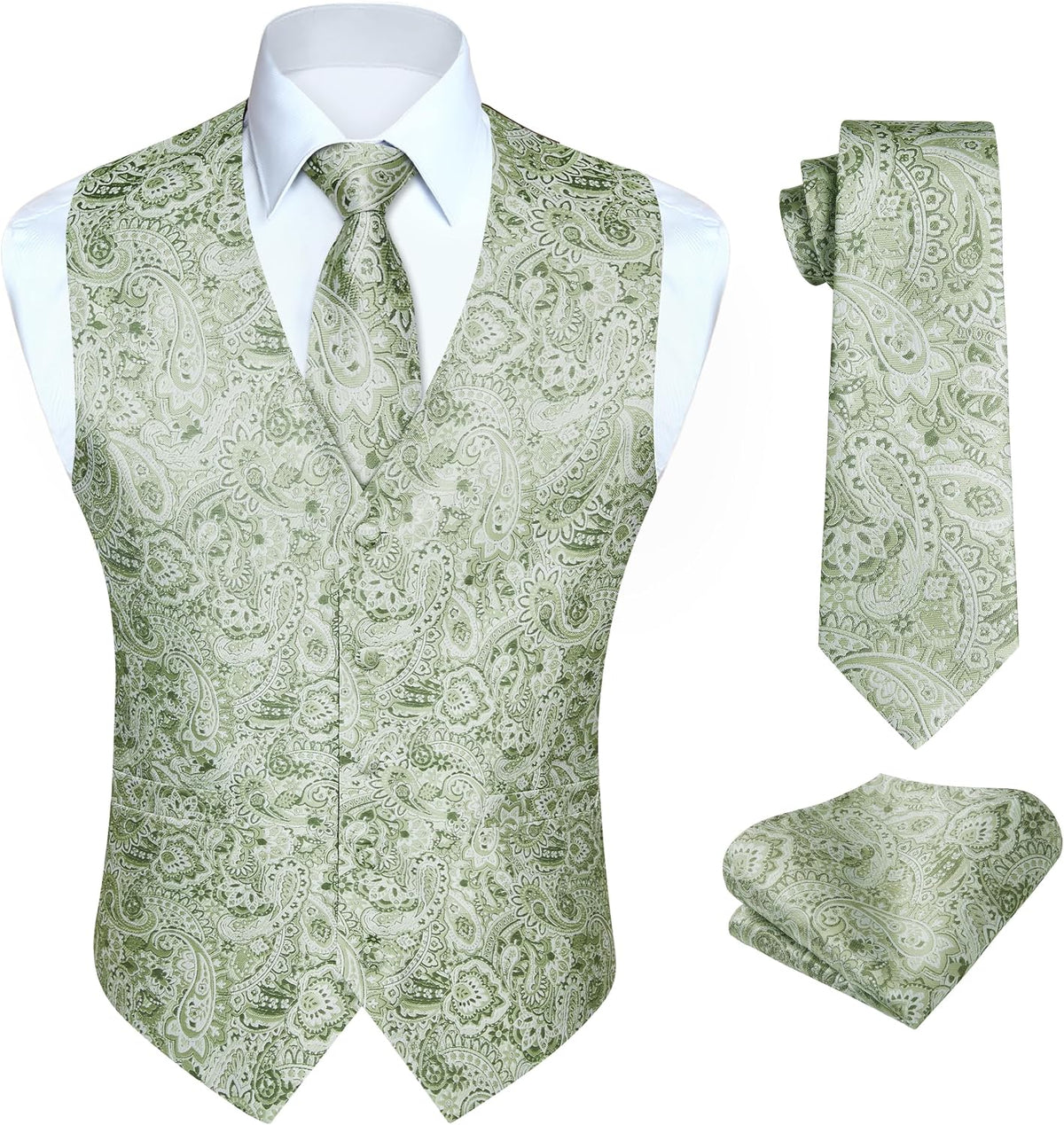 Men's Three-Piece Vest and Tie Set - Paisley Jacquard Waistcoat with Necktie and Pocket Square - Medium