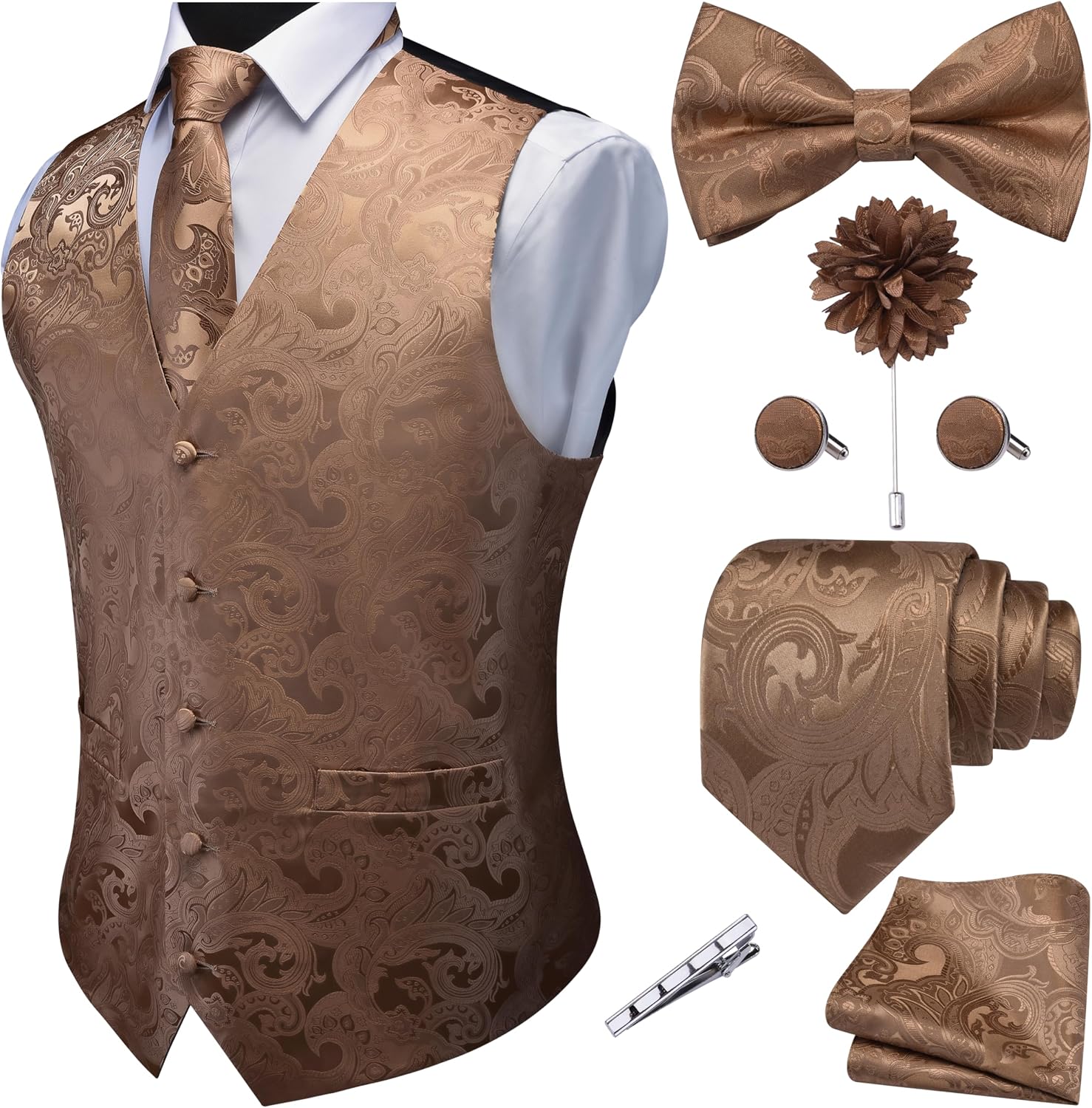 Men's Seven-Piece Suit Vest Set - Paisley Jacquard V-Neck Waistcoat with Tie, Bow Tie and Hanky - Small