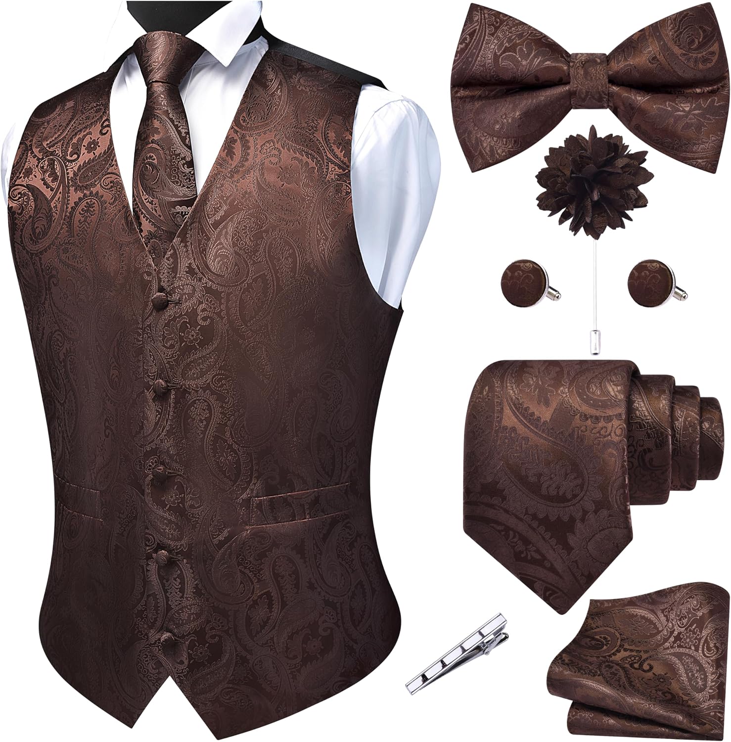 Men's Seven-Piece Suit Vest Set - Paisley Jacquard V-Neck Waistcoat with Tie, Bow Tie and Hanky - Medium