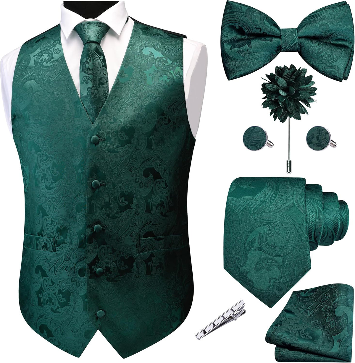 Men's Seven-Piece Suit Vest Set - Paisley Jacquard V-Neck Waistcoat with Tie, Bow Tie and Hanky - Small