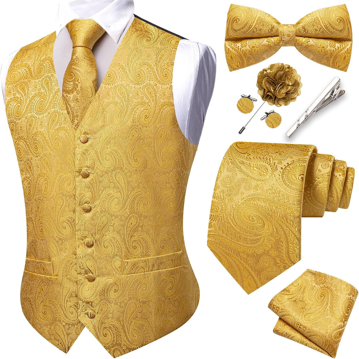 Men's Eight-Piece Suit Vest Set - Jacquard Waistcoat with Tie, Bow Tie, Cufflinks and Lapel Pin - Medium