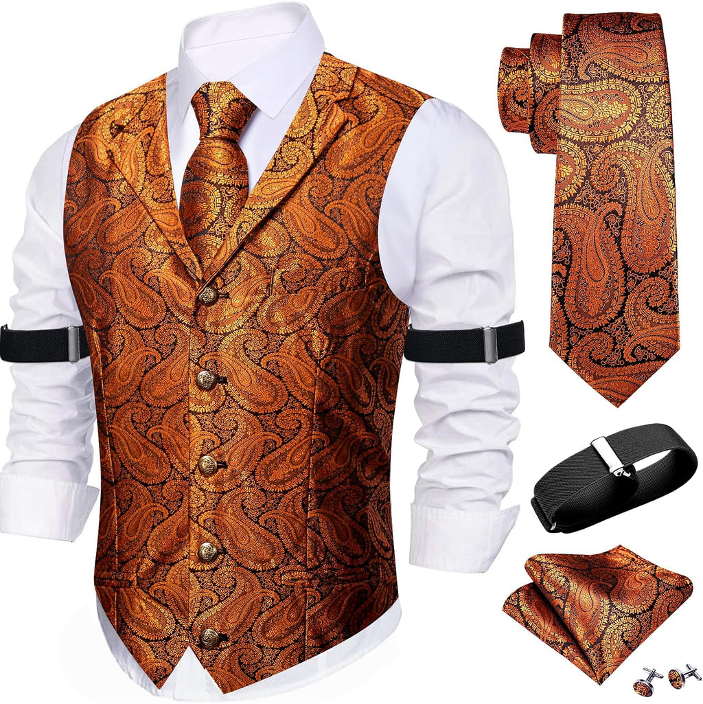 Men's Silk Paisley Suit Vest Set - Five-Piece Shawl Collar Waistcoat with Tie, Handkerchief and Cufflinks - Large
