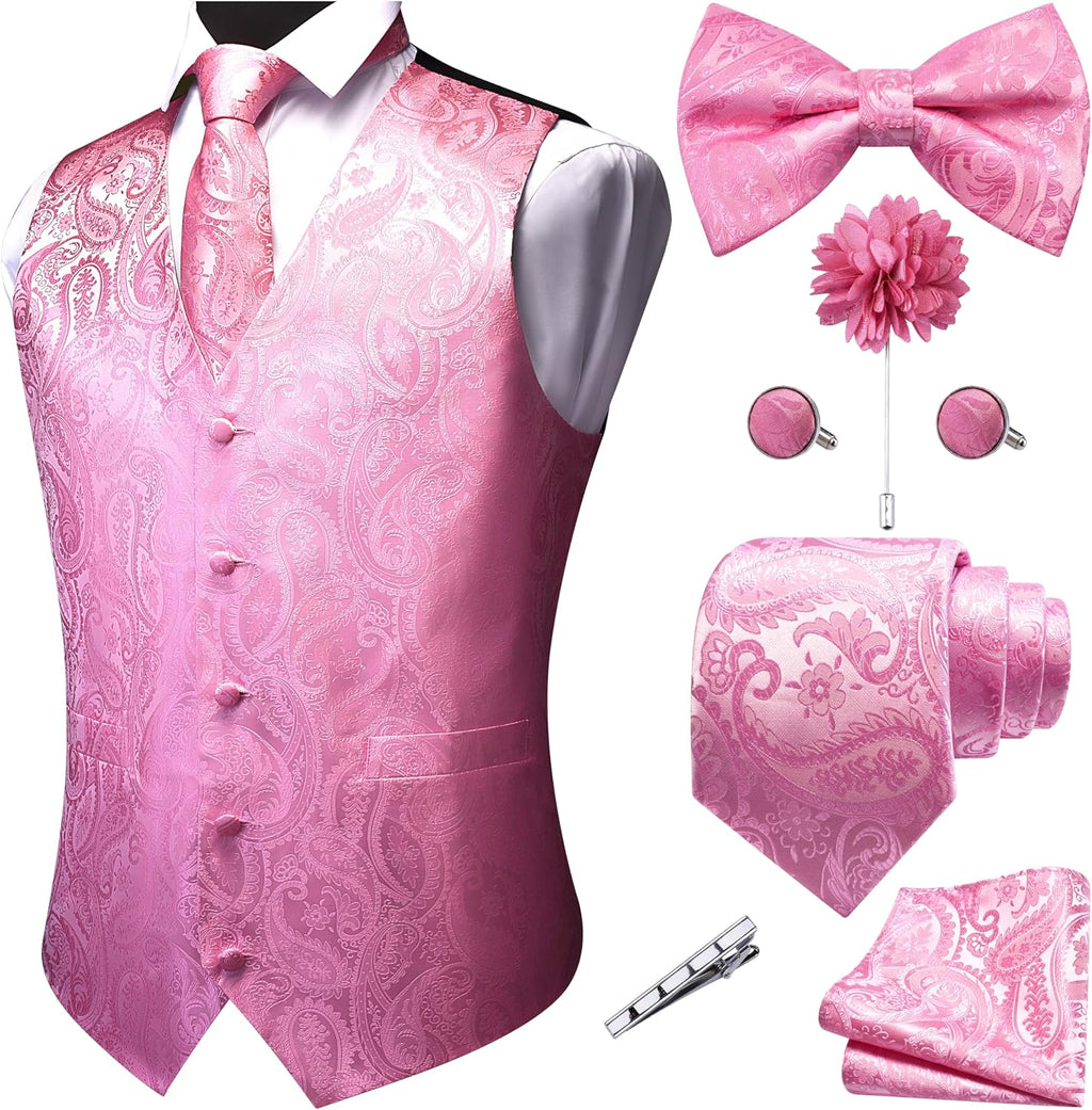 Men's Seven-Piece Suit Vest Set - Paisley Jacquard V-Neck Waistcoat with Tie, Bow Tie and Hanky - Large