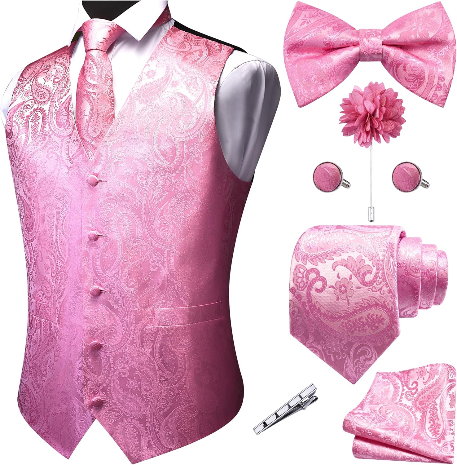 Men's Seven-Piece Suit Vest Set - Paisley Jacquard V-Neck Waistcoat with Tie, Bow Tie and Hanky - Large
