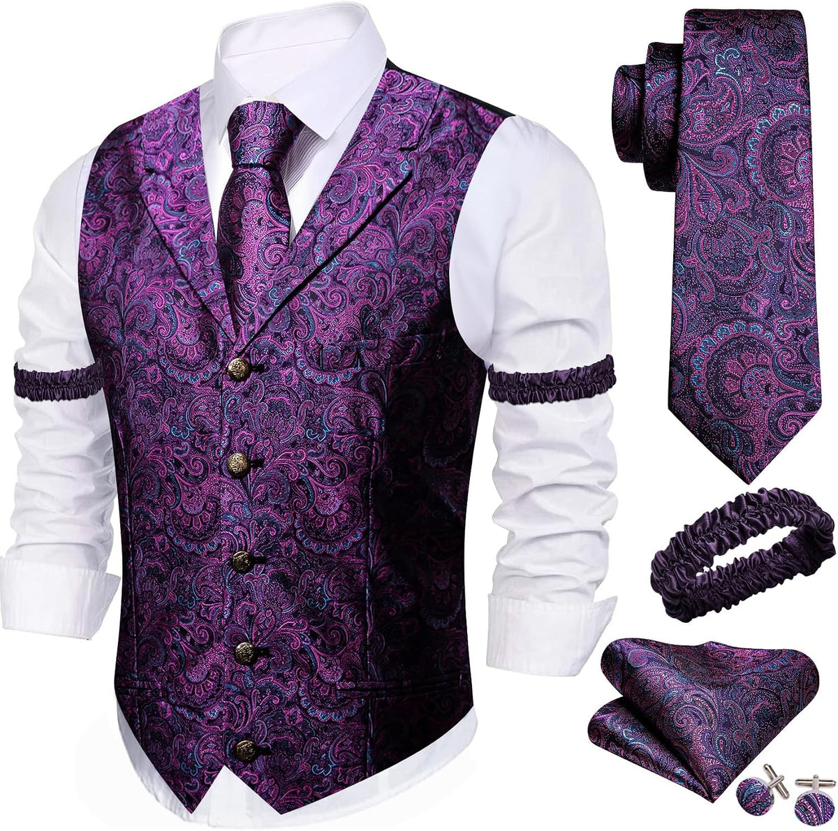 Men's Silk Paisley Suit Vest Set - Five-Piece Shawl Collar Waistcoat with Tie, Handkerchief and Cufflinks - XX-Large