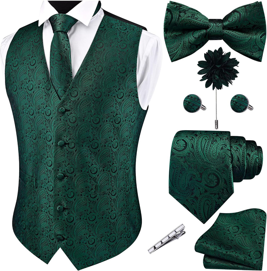 Men's Seven-Piece Suit Vest Set - Paisley Jacquard V-Neck Waistcoat with Tie, Bow Tie and Hanky - Large