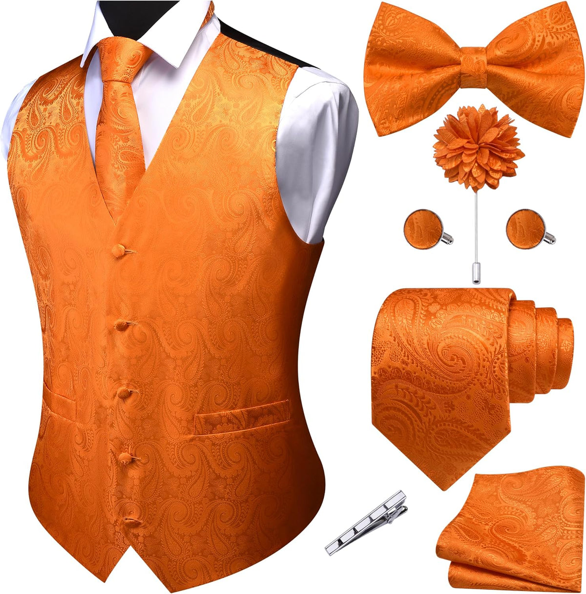 Men's Seven-Piece Suit Vest Set - Paisley Jacquard V-Neck Waistcoat with Tie, Bow Tie and Hanky - Small