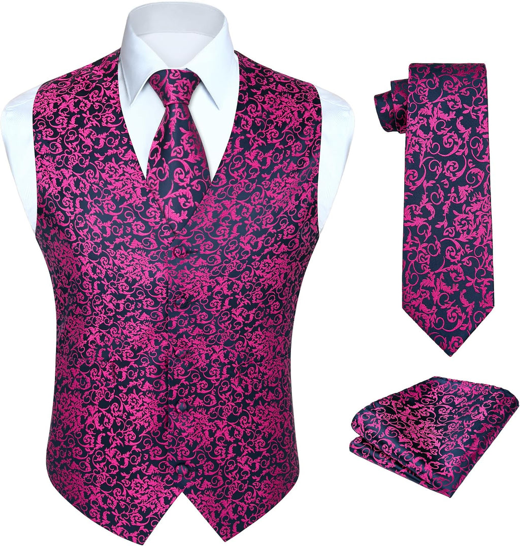Men's Three-Piece Vest and Tie Set - Paisley Jacquard Waistcoat with Necktie and Pocket Square - Small (12)