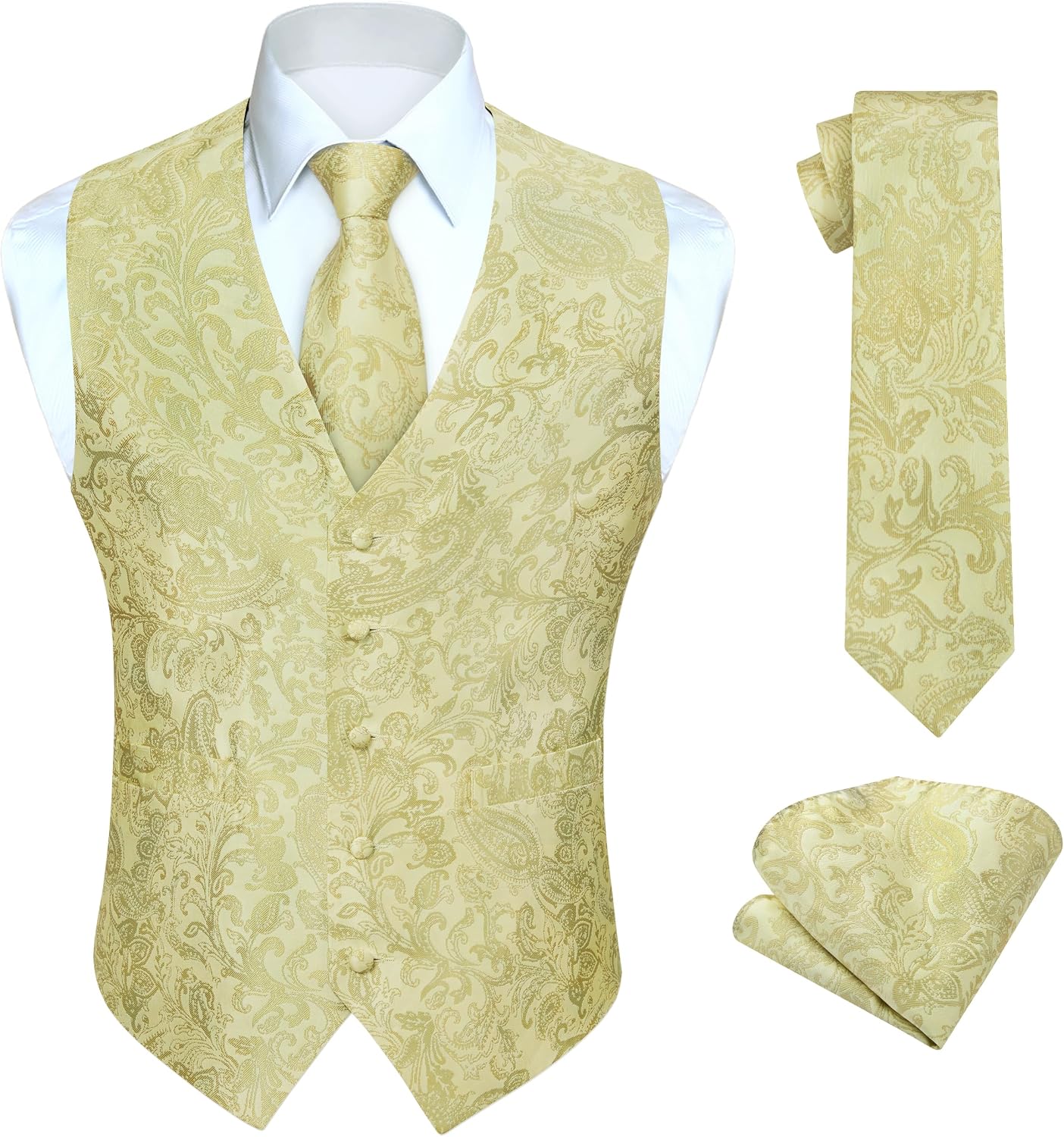 Men's Three-Piece Vest and Tie Set - Paisley Jacquard Waistcoat with Necktie and Pocket Square - Small (14)