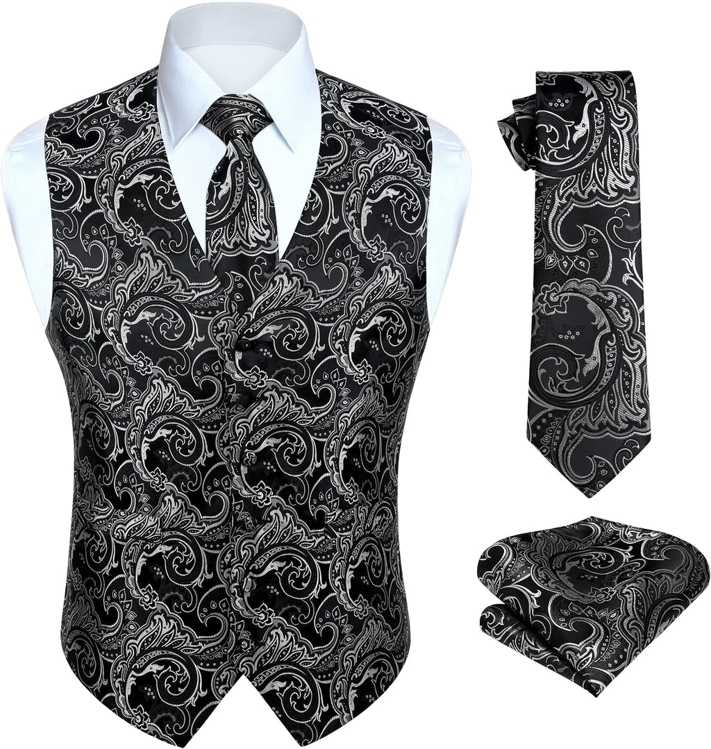 Men's Three-Piece Vest and Tie Set - Paisley Jacquard Waistcoat with Necktie and Pocket Square - Medium