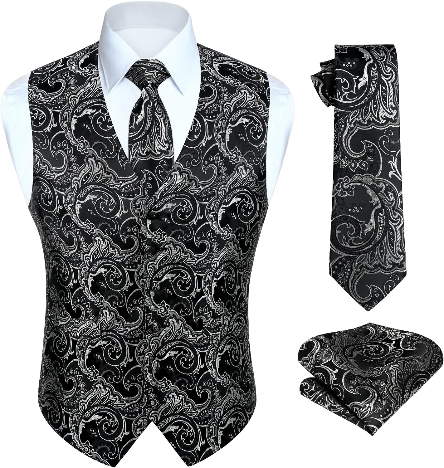 Men's Three-Piece Vest and Tie Set - Paisley Jacquard Waistcoat with Necktie and Pocket Square - Medium