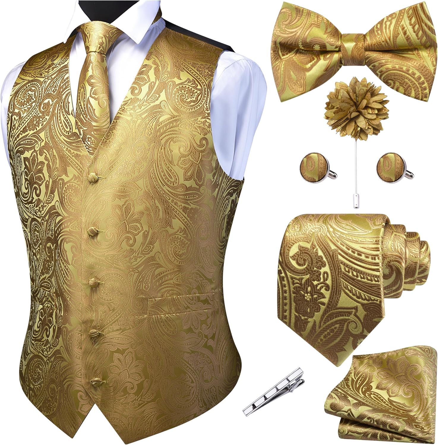 Men's Seven-Piece Suit Vest Set - Paisley Jacquard V-Neck Waistcoat with Tie, Bow Tie and Hanky - Small