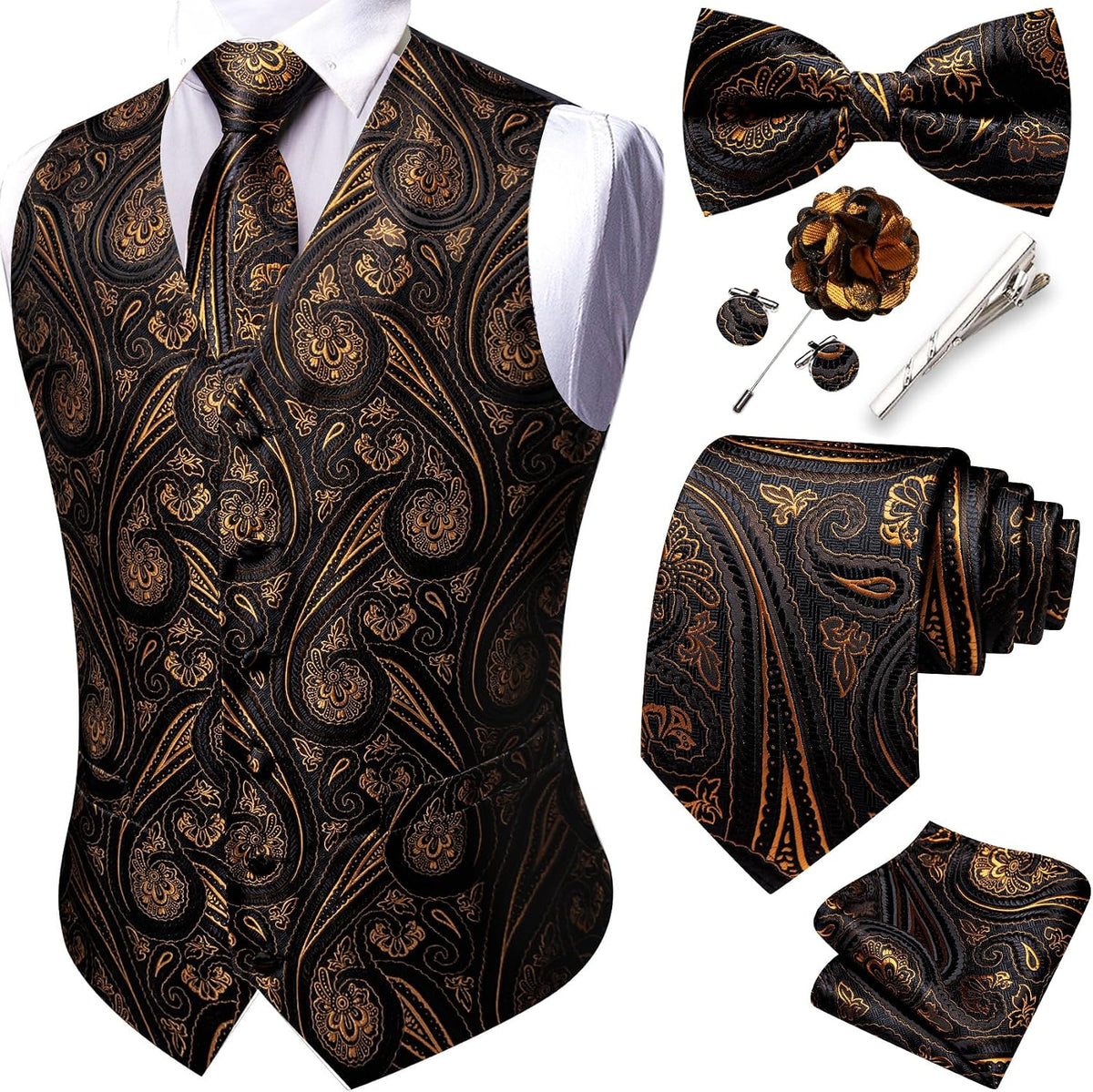 Men's Eight-Piece Suit Vest Set - Jacquard Waistcoat with Tie, Bow Tie, Cufflinks and Lapel Pin - Large