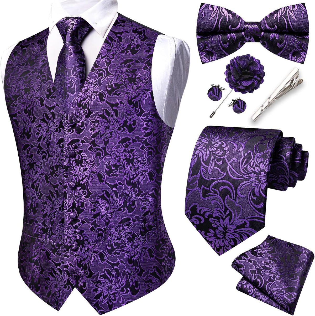 Men's Eight-Piece Suit Vest Set - Jacquard Waistcoat with Tie, Bow Tie, Cufflinks and Lapel Pin - Large