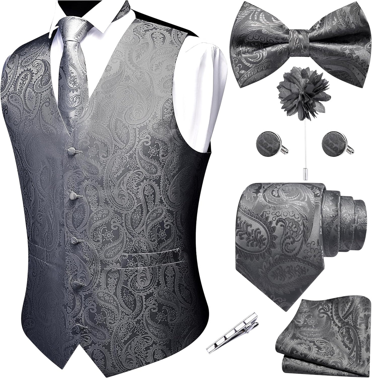 Men's Seven-Piece Suit Vest Set - Paisley Jacquard V-Neck Waistcoat with Tie, Bow Tie and Hanky - Medium