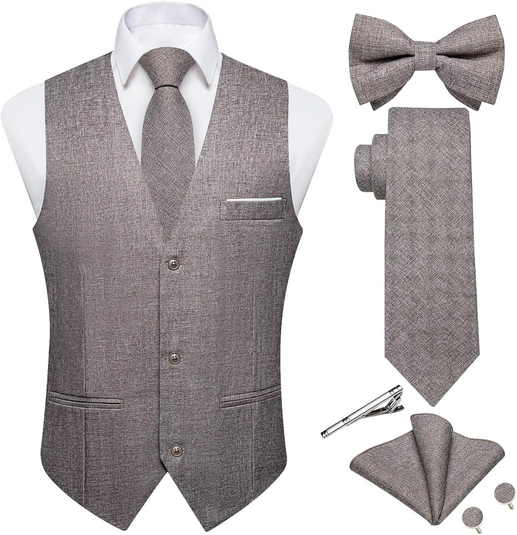 Men's Linen Suit Vest Set - Six-Piece Solid Waistcoat with Tie and Bow Tie for Weddings and Prom - Small