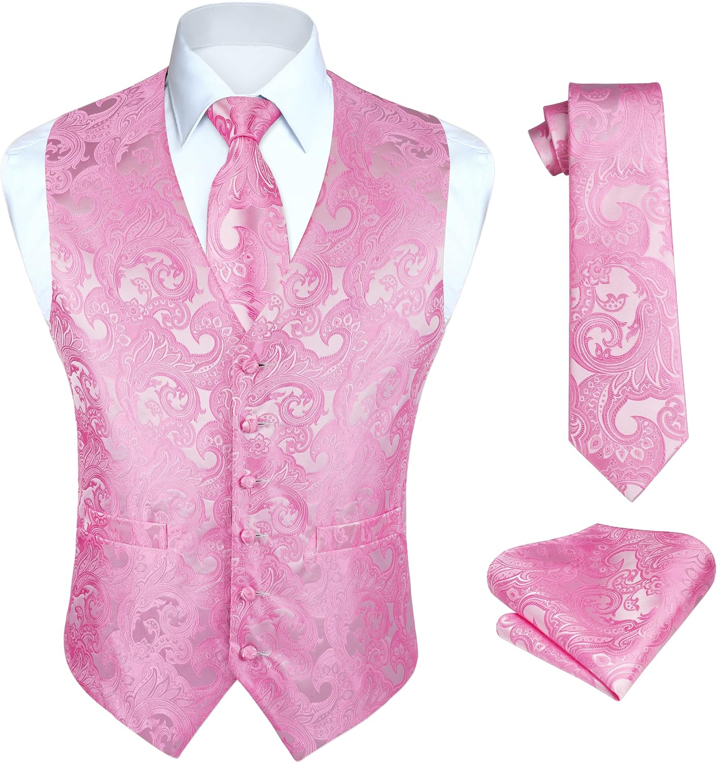 Men's Three-Piece Vest and Tie Set - Paisley Jacquard Waistcoat with Necktie and Pocket Square - Small (15)