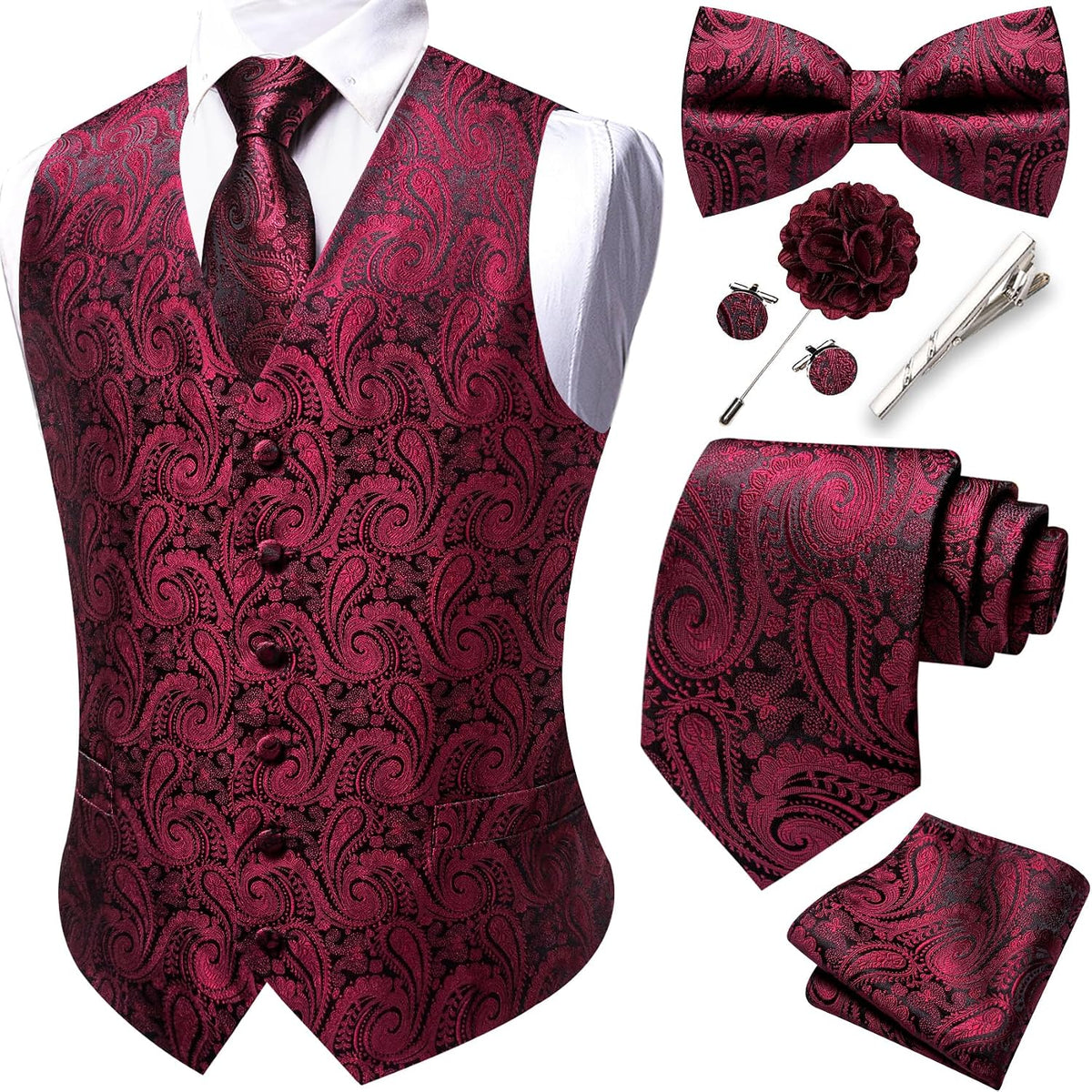 Men's Eight-Piece Suit Vest Set - Jacquard Waistcoat with Tie, Bow Tie, Cufflinks and Lapel Pin - Large