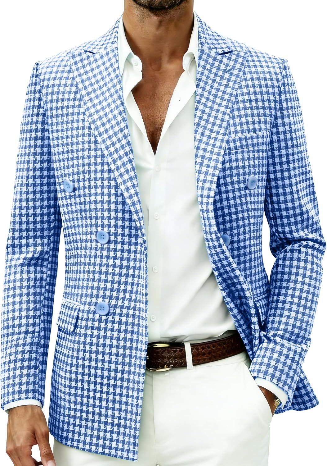Men's Houndstooth Suit Jacket - Slim Fit Double-Breasted Lapel Coat for Parties and Tuxedo Events - Small