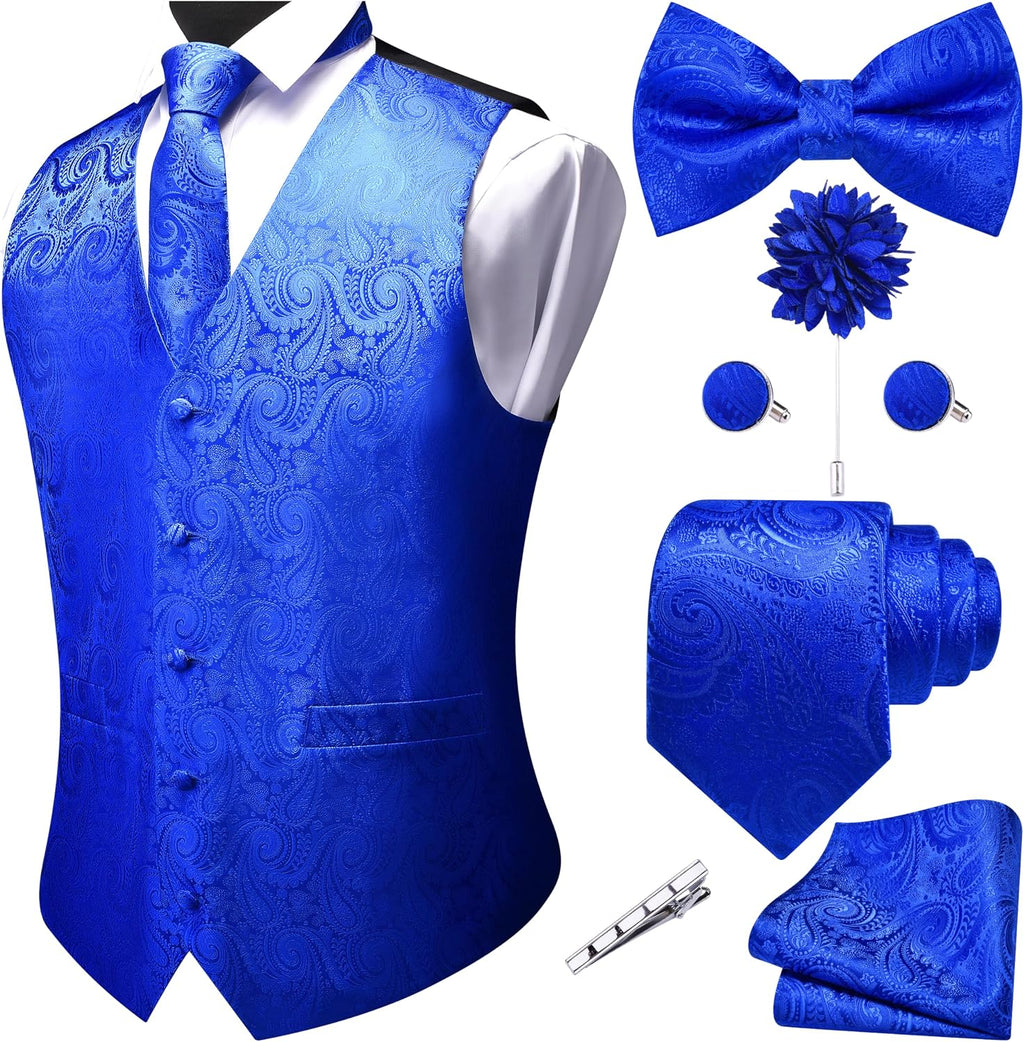 Men's Seven-Piece Suit Vest Set - Paisley Jacquard V-Neck Waistcoat with Tie, Bow Tie and Hanky - Small