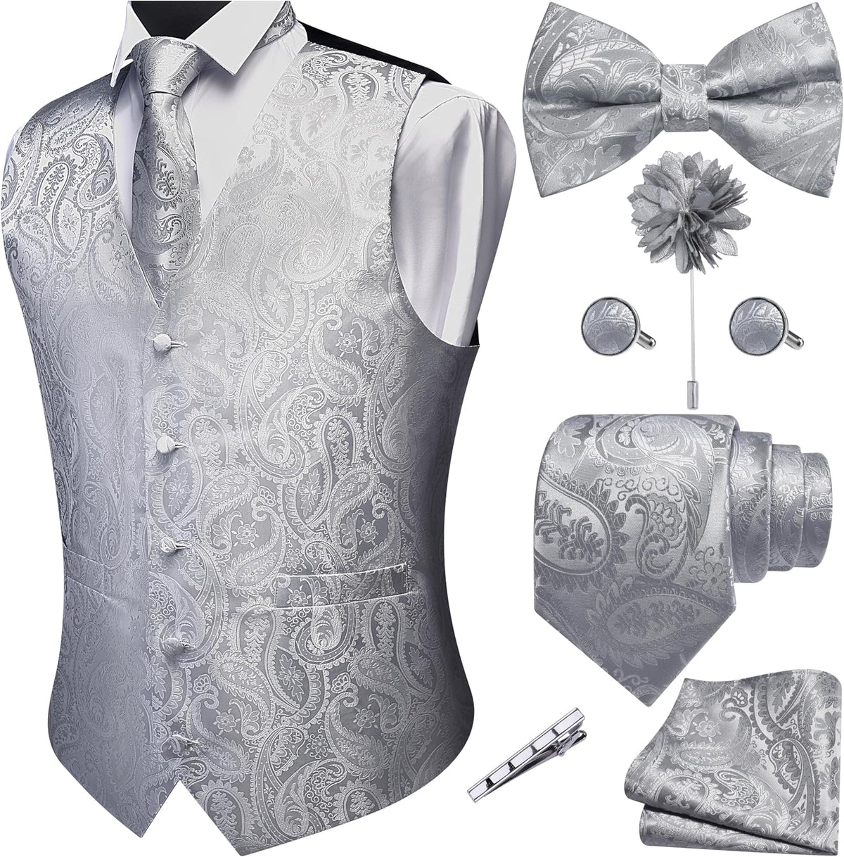 Men's Seven-Piece Suit Vest Set - Paisley Jacquard V-Neck Waistcoat with Tie, Bow Tie and Hanky - Medium