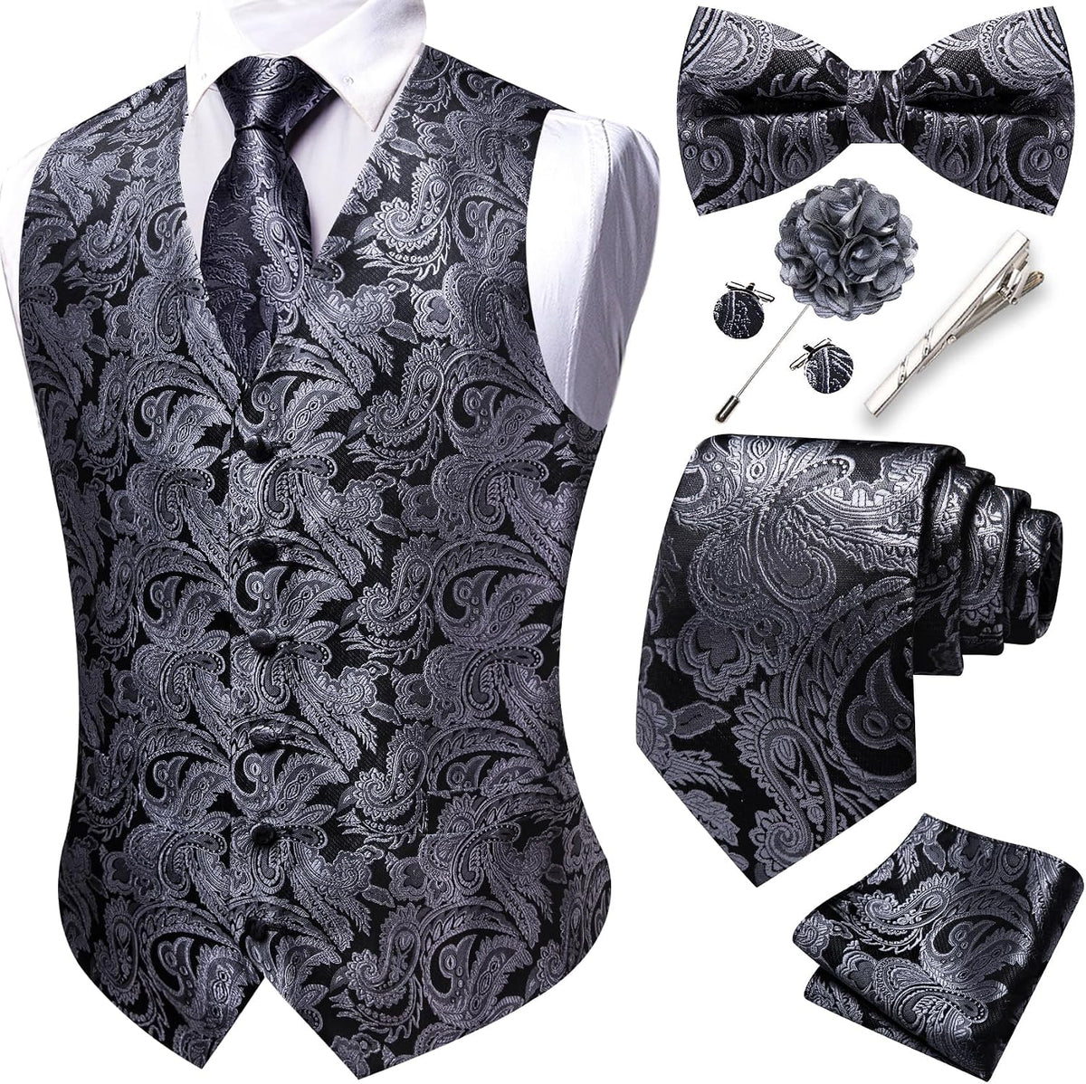 Men's Eight-Piece Suit Vest Set - Jacquard Waistcoat with Tie, Bow Tie, Cufflinks and Lapel Pin - Large (27)