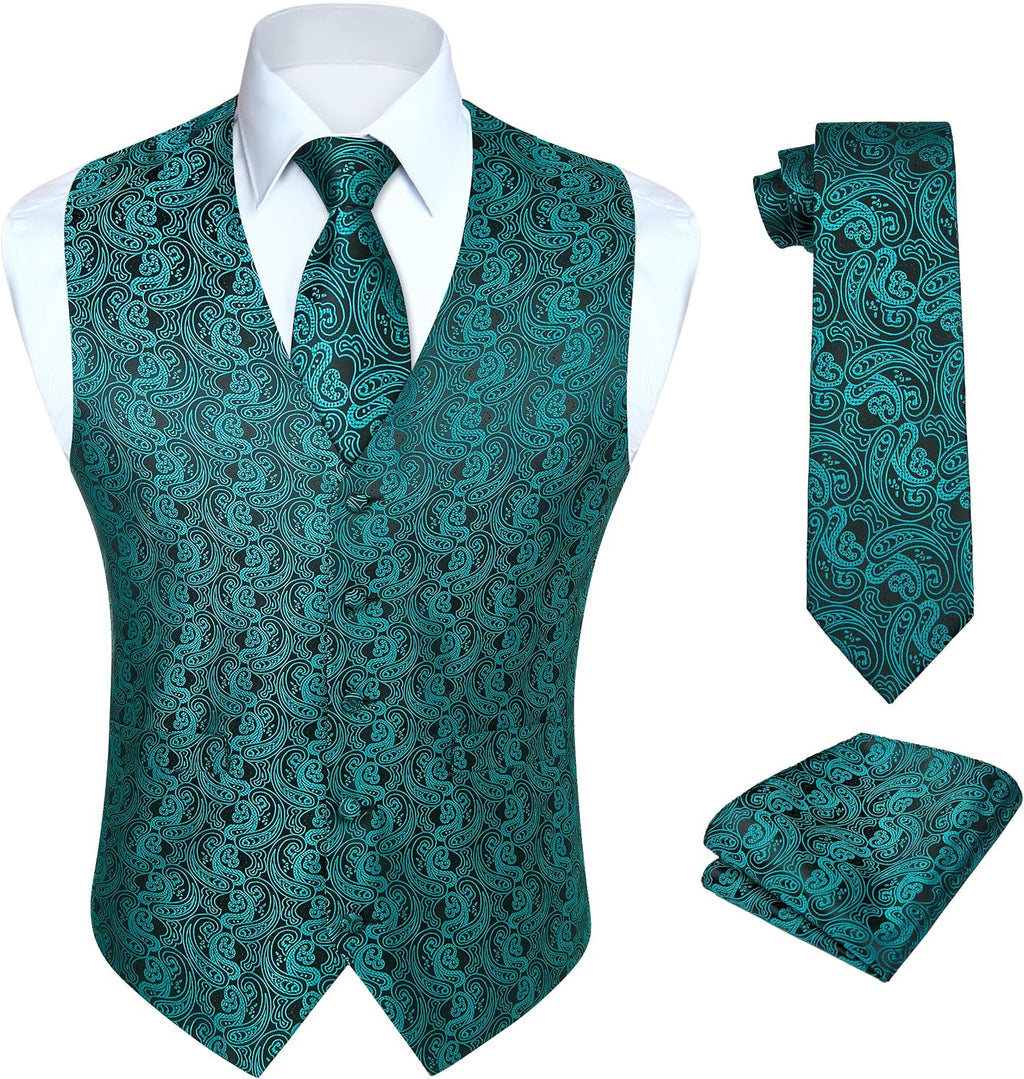 Men's Three-Piece Vest and Tie Set - Paisley Jacquard Waistcoat with Necktie and Pocket Square - Small