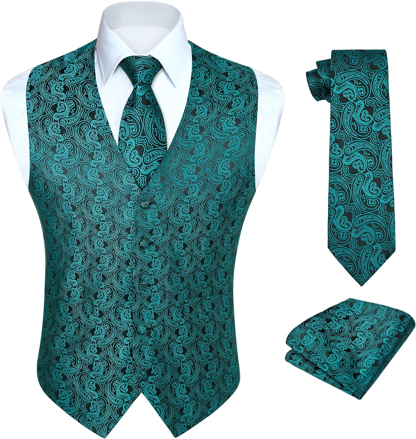 Men's Three-Piece Vest and Tie Set - Paisley Jacquard Waistcoat with Necktie and Pocket Square - Small