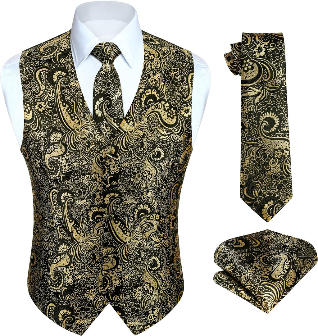 Men's Three-Piece Vest and Tie Set - Paisley Jacquard Waistcoat with Necktie and Pocket Square - Medium