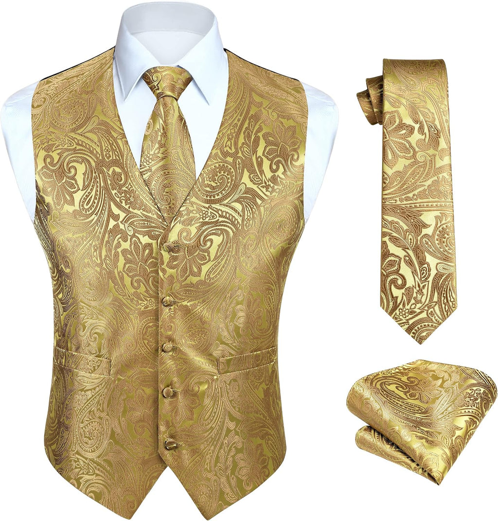 Men's Three-Piece Vest and Tie Set - Paisley Jacquard Waistcoat with Necktie and Pocket Square - Small (9)